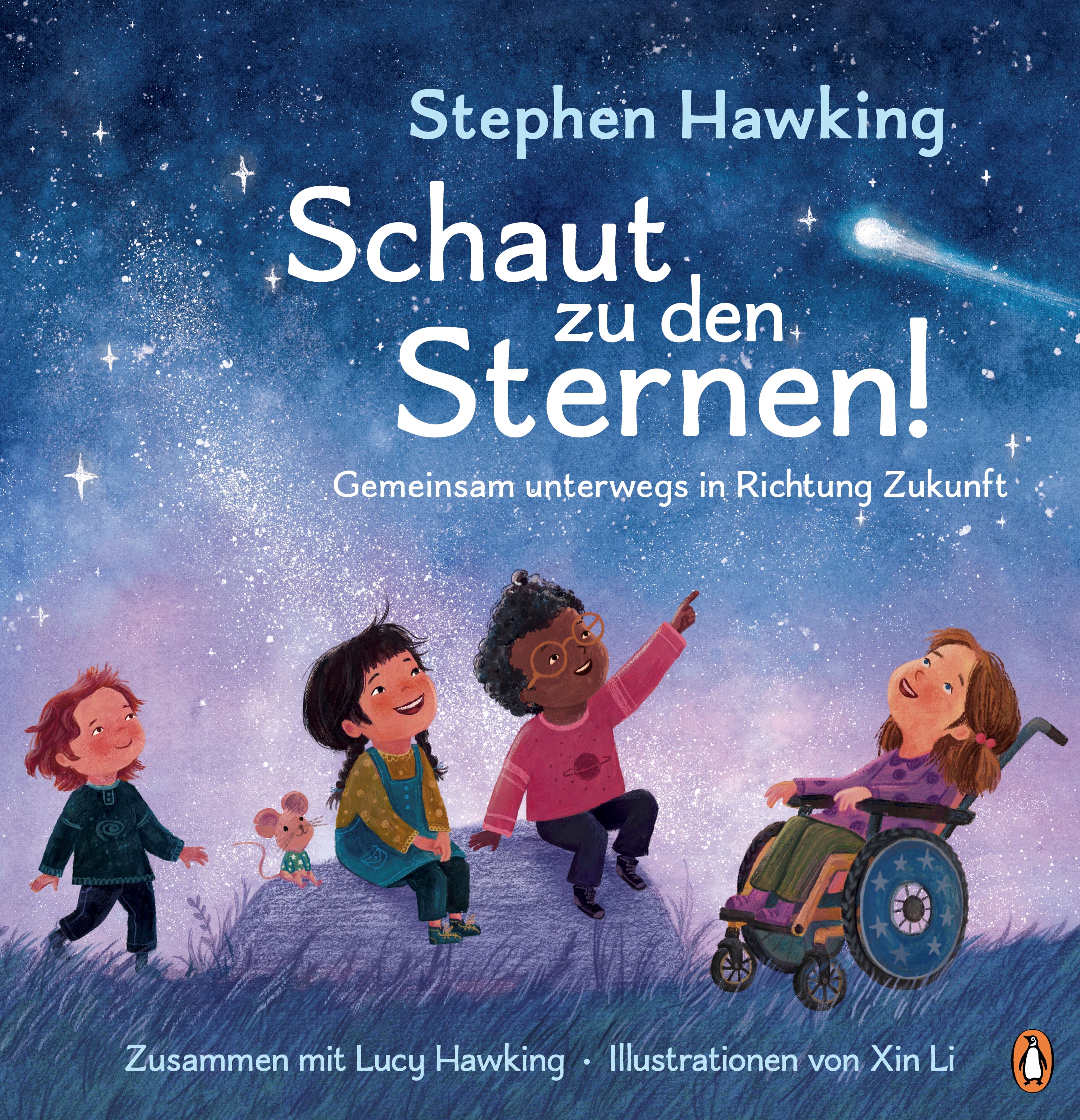 viele Kinder die zu den Sternen rauf schauen. Darauf der Buchtitel "Schaut zu den Sternen" von Stephen Hawking